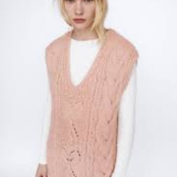 ZARA NWT 💕LONG CABLE KNIT VEST PINK - Picture 8 of 16
